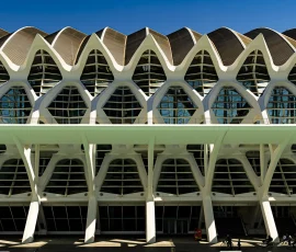 Una estructura contemporánea de formas orgánicas y ritmo geométrico, donde arcos puntiagudos, columnas inclinadas y un techo ondulante crean un espacio dinámico y luminoso. La arquitectura combina monumentalidad y ligereza, mientras ciclistas y peatones atraviesan la zona inferior, resaltando la escala humana del conjunto Su diseño se inspira en formas orgánicas, especialmente en el esqueleto de una ballena, lo que le da un carácter escultórico y dinámico