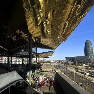 El origen del Mercat dels Encants se remonta cerca al año 1300 en las puertas de la muralla de Barcelona, donde se empezaron a vender de manera regular objetos usados. En el año 2013 se estrena el nuevo edificio icónico de los arquitectos b720 donde se ubica actualmente el Mercado y se incorpora a la red de Mercados Municipales del Ayuntamiento de Barcelona.
El rasgo más característico de este nuevo edificio es la cubierta de espejos dorados situados a 25 metros de altura. El edificio queda abierto a los cuatro vientos, de manera que podemos disfrutar del aire libre. Mercat dels Encants, parte de la cubierta plagada de espejos que da una nueva y peculiar perspectiva del lugar.
